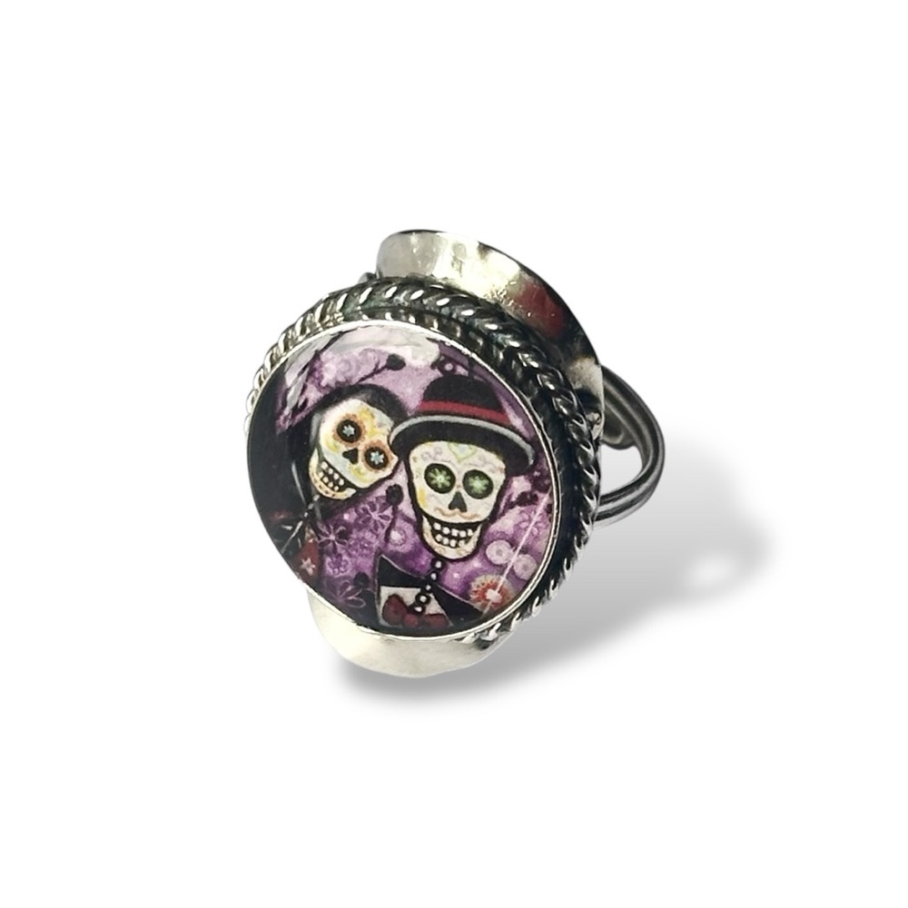 Day of the Dead Silver Skull Adjustable Ring Clear Dome Purple Goth Festival